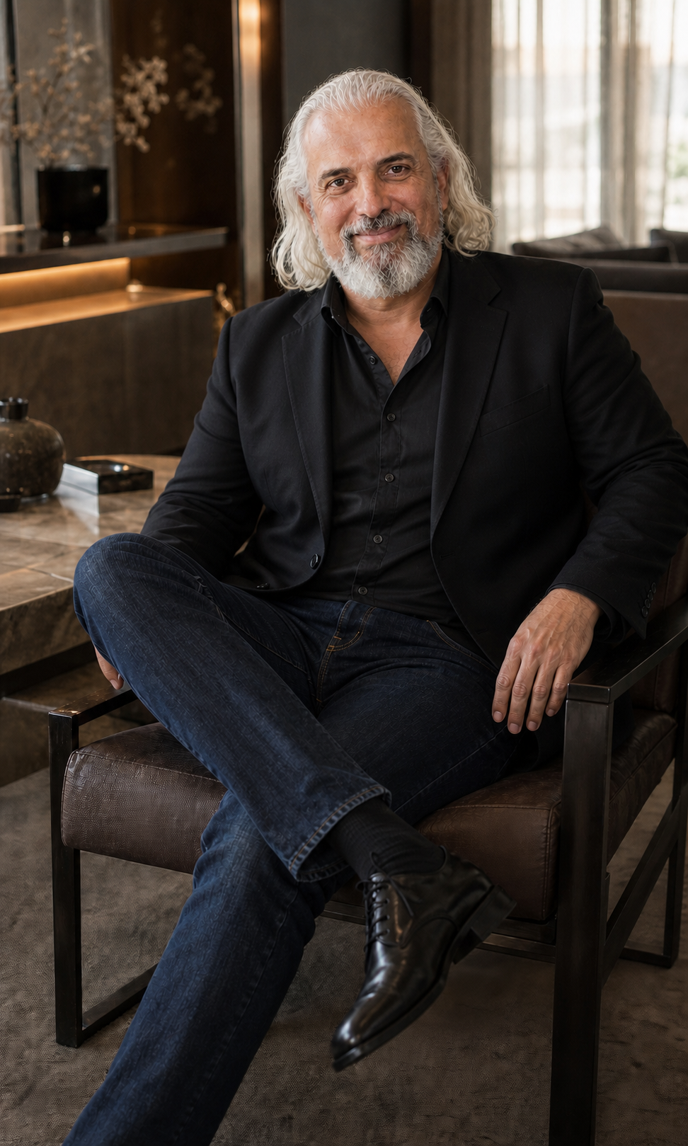 Gustavo Dominguez seated in a black blazer and jeans